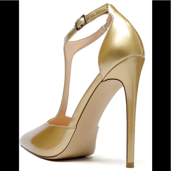 NWT SAMMITOP Women's Pointed Toe High Heel T-Strap Pumps in Gold - Picture 5 of 12